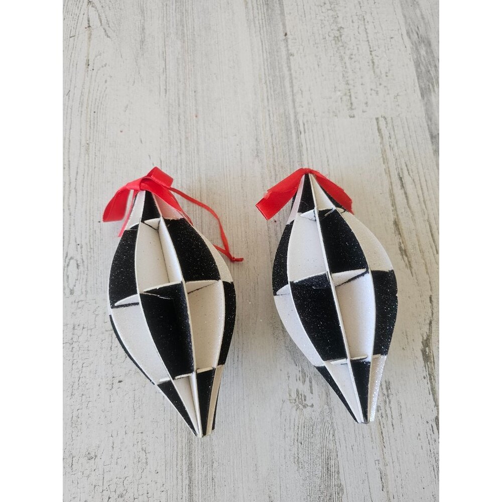 Glitter black white ornament checkerboard harlequin unique teardrop